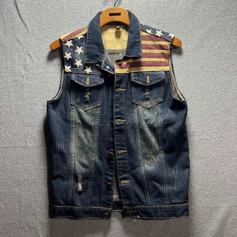 Mens vintage Distressed American Flag Denim Vest Dark Wash Stars Stripes Large